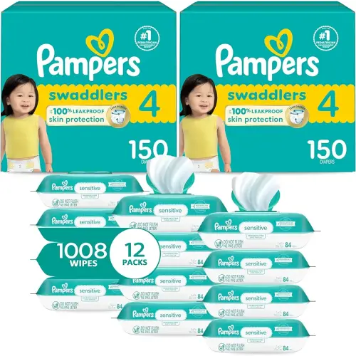 Pampers Swaddlers - Pañales desechables para bebé, talla 4, suministro de 2 meses (2 x 150 unidades) con toallitas sensibles a base de agua, 12 unidades múltiples Pop-Top y repuesto (1008 unidades)