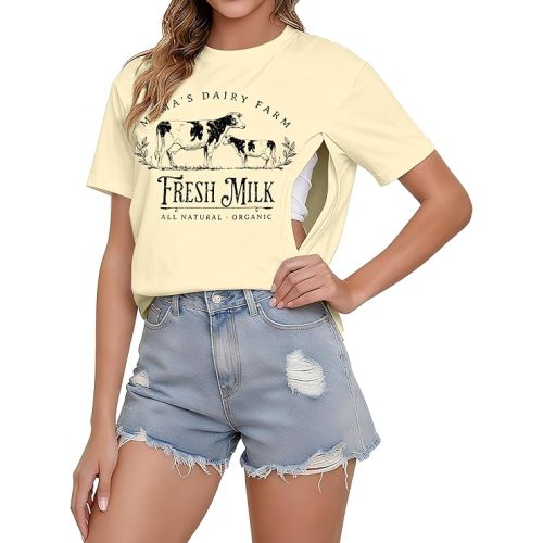 L - Women's Nursing Shirts for Breastfeeding Zipper Short Sleeves Mama Shirt Causal Maternity Nursing Graphic Tees Tops