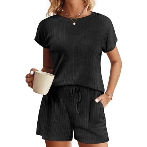 Ekouaer Pajamas Set for Women 2 Piece Pjs Ribbed Knit Lounge Set Cap Sleeve Loungewear Sleepwear S-XXL