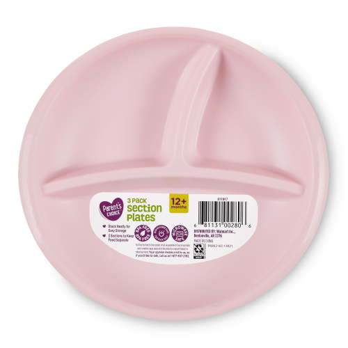 Parents Choice 3 Compartment Section Plate, Toddlers Aged 12 Months and up, 3 Count, Gender Neutral