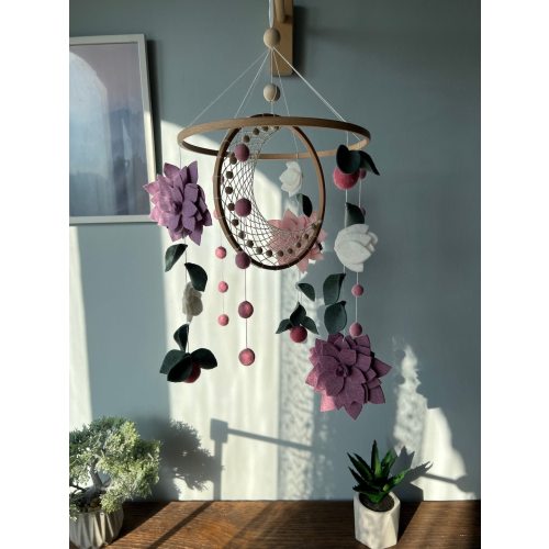 Flowers baby mobile, Macrame crib mobile, green floral baby mobile, hanging felt mobile, cot mobile for baby girl, flowers nursery decor