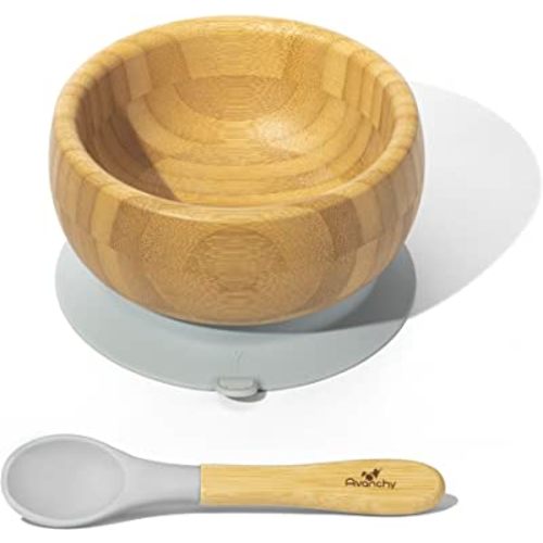 Avanchy Bamboo Baby Bowl & Spoon - Baby Cutlery - Bamboo Kids Bowl - BPA Free Bowl - Bamboo Kids Utensils - Bamboo Baby Bowl and Spoons Set, Gray - 5" x 3