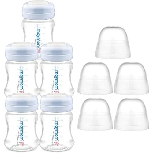 Maymom Wide-Mouth Milk Storage Collection Bottle with Dome Cap, Bottle Top, SureSeal Sealing Disk; Can Replace Spectra S1 S2 Bottles, 5 pc (4.7Oz/140mL)