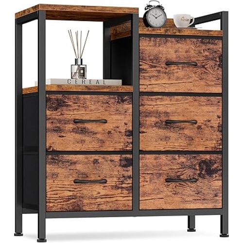 Furnulem 5 Drawer Rustic Brown Dressers for Bedroom 2 Tier Shelf Storage Small Fabric Dresser for Closet Sturdy Metal Frame Modern Style Storage Cabinets Organization Units for Hallway Rooms