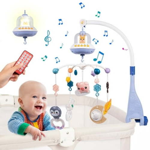 Febfoxs Baby Crib Mobile with Music and Lights, Mobile for Crib with Remote Control, Hanging Rotating Animals Rattles, Nursery Crib Toys for Boys Girls, Blue