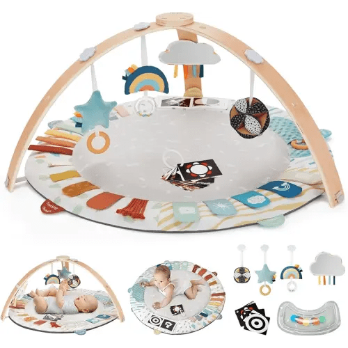 Blissful Diary Baby Play Gym & Mat, 5 Developmental Zones Baby Activity Mat, Wooden Tummy Time Mat with 6 Detachable Sensory Toys for Motor Skills & Sensory Development, Baby Essentials Shower Gift