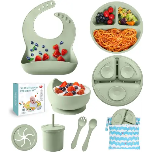 Silicone Baby Feeding Set, 10 Pcs Baby Led Weaning Supplies Baby Eating Essentials Set with Suction Bowl Divided Plate Adjustable Bib Soft Spoon Fork Cup with Lid Drinking Cup, Travel Bag (Green)