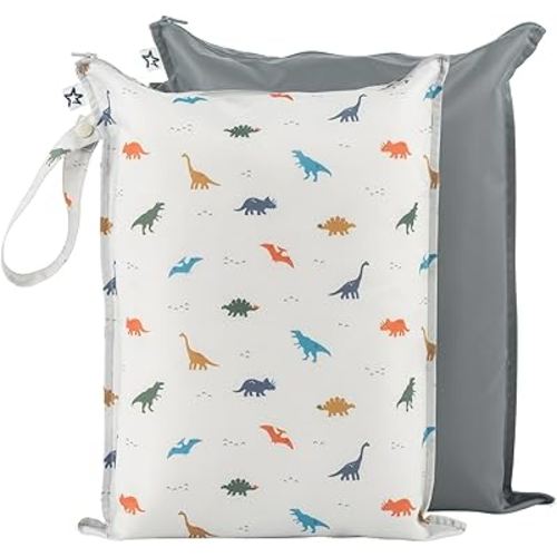 Tiny Twinkle Mess-proof Wet Bags 2 Pack Waterproof and Washable Bag for Travel storage, Stroller, Daycare, Baby Diapers, Yoga, Beach, Pool, Wet Toddler Swimsuits (Dinosaur)