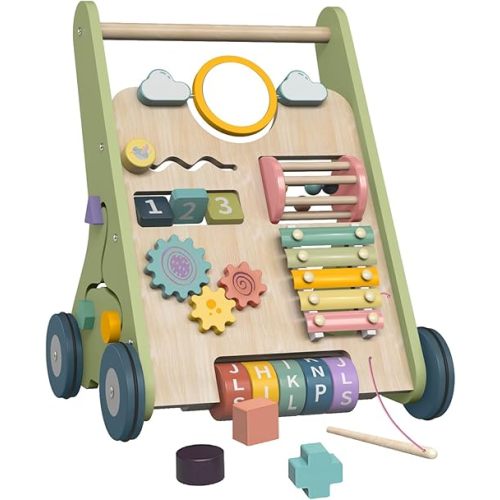 Wooden Baby Walker Wheels,Baby Push Walker for Babies 6-12 Months Montessori,Toddler Walker Push Toy Wooden Activity Walker for Baby Boy,Walking Toys for 1 Year Old Learning to Walk Girl Christmas