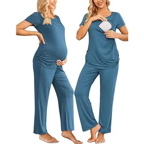 Ekouaer Materntiy & Nursing Pajamas Sets Long Sleeve Breastfeeding Pajamas  with Jogger Pants for Hospital