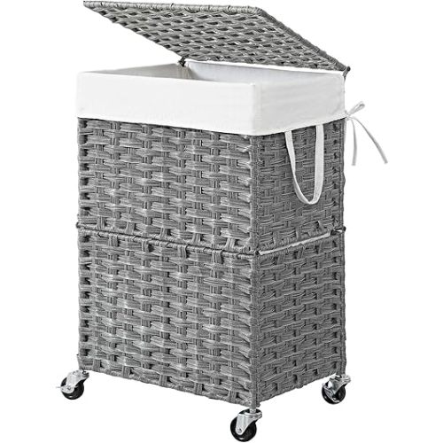 Chrislley 90L Large Laundry Hamper with Wheels,Rolling Laundry Basket with Lid and Renovable Liner Bag,Handwoven Rattan Organizer for bedroom, bathroom, laundry room (Grey)