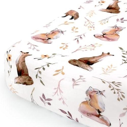 GRSSDER Soft Muslin Crib Sheet 1 Pack, 100% Cotton Crib Sheets for Boys and Girls, Fit Standard Crib Mattresses 52" x 28"Safe and Snug, Stylish Fox Pattern