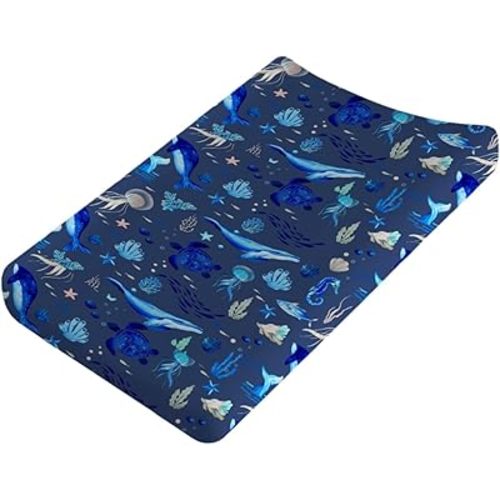 Nautical Animals Life Changing Pad Covers Sea Turtle Whale Jellyfish Sea Horse Weeds Unisex Diaper Change Table Sheets for Boys Girls Soft Breathable Stretch Changing Pad Sheets 32''x16'' Navy