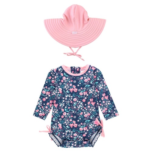Moonlit Meadow One-Piece Rashguard Swimsuit & Hat Set, 0-3M