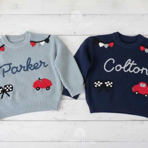 Custom Racing Car Name Sweater:Personalized Boy Knitwear Motorsport Embroidery Toddler Jumper Outfit