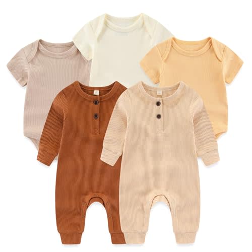 Ruliby Baby Bodysuit Ribbed Romper 5-pcs Soft Unisex Boy Girl Outfit Clothes Set 0-12 momth