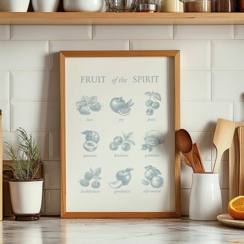 Blue and White Vintage Christian Cottage Core Print Minimalistic Fruit of The Spirit Poster Modern Scripture Wall Art Preppy Gospel Artwork