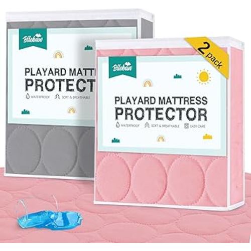 Pack and Play Protector Sheets Waterproof 2 Pack, Quilted Playard Mattress Pad Cover Fitted Fits for Graco Pack n Play Playard Mattress/Playpen Mattress, Gray & Pink, 39" x 27"