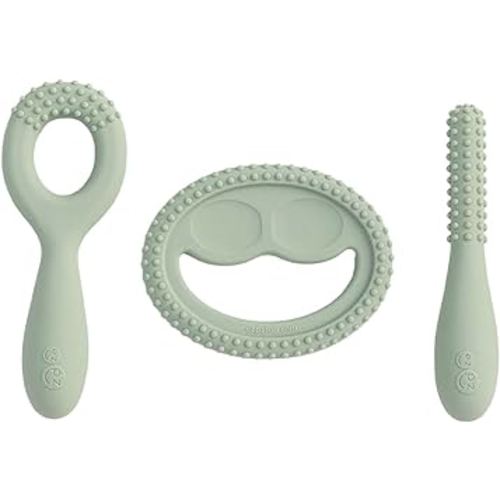 ezpz Oral Development Tools - 3 Months+ (3 Pack in Sage) - Non-Slip Loop, Smile and Stick, 100% Silicone Tools to Practice Feeding + Chewing - Sensory Bumps - Dishwasher Safe