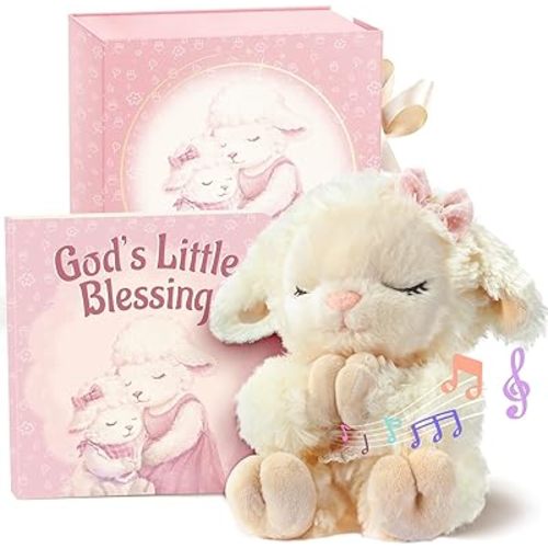 Baptism Gifts for Girl, Catholic Christening, Baby Dedication & Baptismal Gift Set for Baby Girls & Kids - with 9" Musical Praying Lamb Plush Toy & God's Little Blessing Book in Keepsake Box