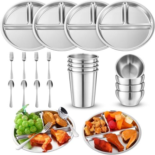 Jinei 20 Pcs Stainless Steel Dishes Set 4 Stainless Steel Plates, 4 Bowls, 4 Cups, 4 Spoons, 4 Forks, Dishwasher Safe, Durable Dining Set for Home Travel Camping (Tableware)