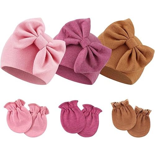 BQUBO Newborn Girls Hats Baby Hat and Mittens Set Infant Caps Bow Hospital Beanie with No Scratch Mittens for Baby Boys Girls