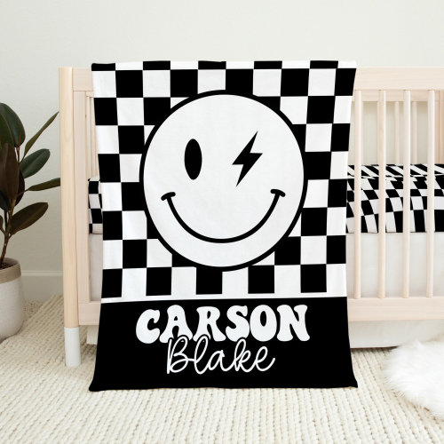Personalized Retro Baby Blanket, Black And White Baby Boy Blanket, Retro Nursery, Baby Shower Gift, Retro Crib Bedding, Checkered Blanket
