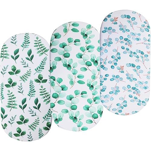 Bassinet Sheets Set 3 Pack for Baby Boy and Girl, Stretchy Jersey Knitted Fitted Sheet, Universal for Oval Rectangle and Hourglass Bassinet Mattress, Watercolor Greenery Botanical Leaf