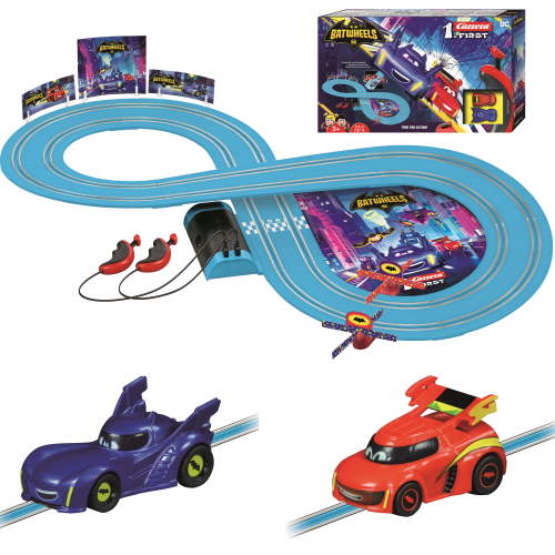 Carrera FIRST Batwheels Beginner Battery Operated Slot Car Toy Race Track Set featuring Bam and Redbird