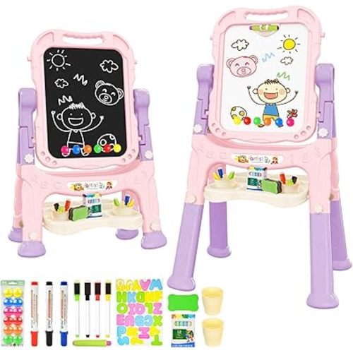 Amagoing Easel for Kids, Adjustable Standing Art Easel for Toddler, Double Magnetic Drawing Board with Painting Accessories, Birthday Christmas Gift for Little Boys and Girls, Middle Size Pink