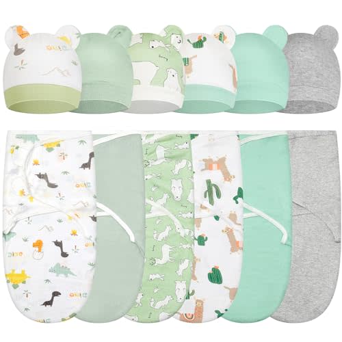 ramede 6 Pack Baby Swaddle Blanket with Hats Sleep Swaddle for 0-3 Months Newborn Sacks Soft Cotton Wearable for Baby Boy Girl Sleeping(Green, Alpaca)