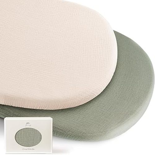 Konssy 2 Pack Muslin Bassinet Sheets for Baby Boy, 100% Cotton Soft Breathable Bassinet Mattress Sheets Fit for Hourglass Oval Cradle Rectangle Mattress (Fog Green,Cream)