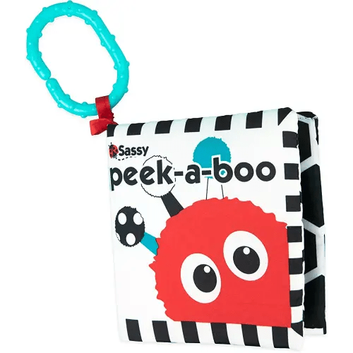 Sassy Peek-a-Boo Activity Book with Attachable Link for On-The-Go Travel | Black & White | for Ages Newborn and Up