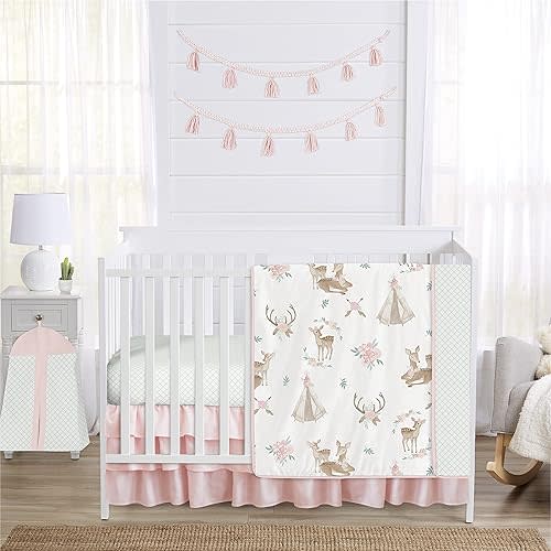Sweet Jojo Designs 4-Piece Baby Crib Bedding Set (Woodland Deer Floral) for Girls, Infants/Nursery incl. Blanket, Fitted Sheet, Skirt, Diaper Stacker (Boho, Bohemian, Watercolor, Pink, Mint Green)
