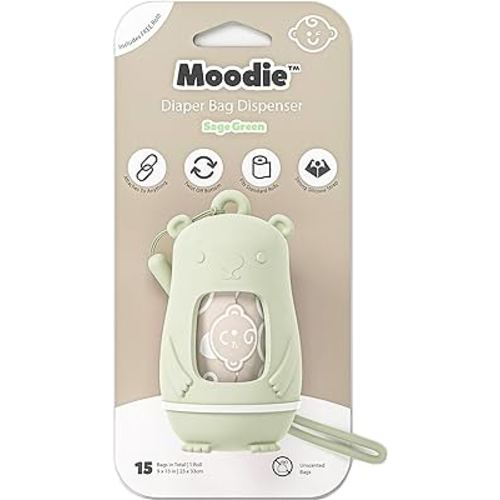 NEW Moodie Teddy Bear Diaper Bag Dispenser | Diaper Bag on the Go Dispenser w/Silicon Strap |15 UNSCENTED Diaper Disposal Bags per Roll | Diaper bag essential items (SAGE GREEN)