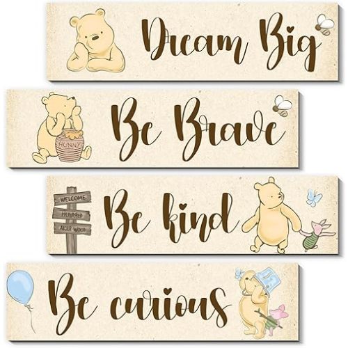4Pcs Winie the Pooh Nurasy Decor-Winnie Bedroom Wall Decor-Adorable Winnie the Pooh Sign for Baby Room-Winnie the Pooh Nursery Decor-Baby Shower Decorations(Classic)