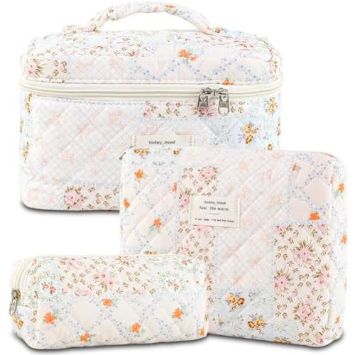 Makeup Bag, 3 PCS Quilted Makeup Bag, Cute Floral Cotton Cosmetic Bag set, Coquette Makeup Pouch Large Travel Toiletry Bag