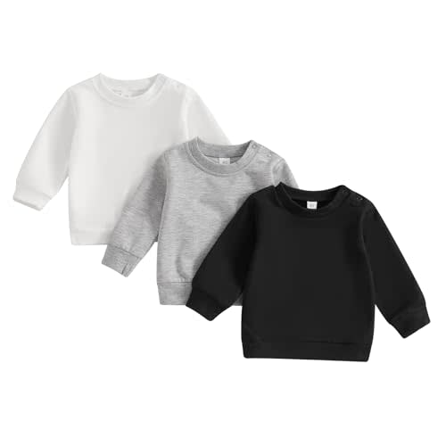 Tsseiatte 3 Pack Toddler Baby Boy Girl Long Sleeve Crewneck Pullover Sweatshirt Sweater Outfits Solid Color Casual Clothes