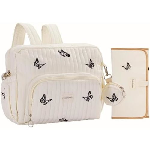 Diaper Bag Backpack, Mini Maternity baby bag with Changing Pad, Insulated Pockets, Stroller Straps & Pacifier Case (Beige - Butterflies)