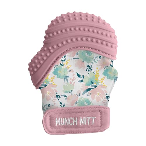 Malarkey Kids Patented Teething Mitten, Munch Mitt Baby Chew Toy - Protects Hands from Chewing & Saliva, Heals Aching Gums, Promotes Sound & Visual Stimulation for Babies - Pink Floral
