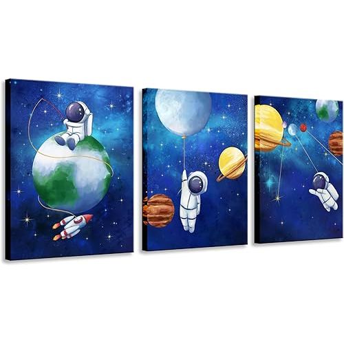 Biuteawal Space Wall Art for Boys Girls Kids Bedroom Nursery Room Decor Funny Astronaut and Planet Canvas Painting Blue Astronomy Poster Picture Prints 3 Piece Artwork Framed