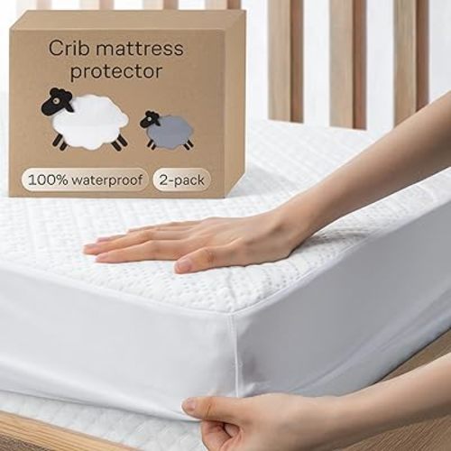 Crib 2 Pack 100% Waterproof Mattress Protector, Soft Breathable Crib Mattress Protector with Deep Pocket, Crib Mattress Pad for Toddler and Baby (52x28, White, Gray) - Viscose Made from Bamboo