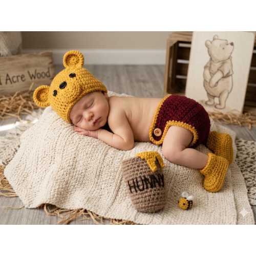 Pooh Newborn Photoshoot Outfit Handmade Crochet Hat Diaper Cover Booties Hunny Pot Prop