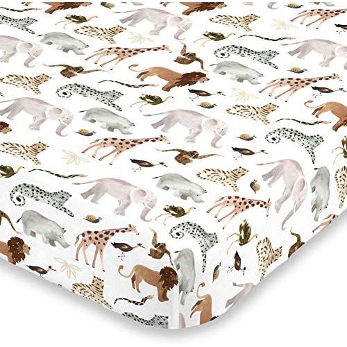 NoJo Water Color Jungle Friends Tan, Brown & Grey Super Soft Mini Crib Sheet, Tan, Brown, Grey