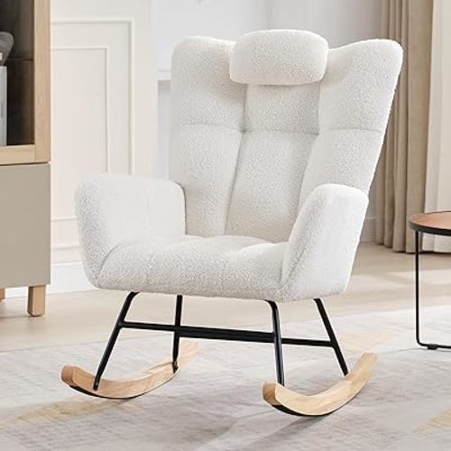 Nursery Rocking Chair,300lb Glider Chair with Wood Legs/Two Side Pockets,Teddy Upholstered Glider Rocker with Padded Seat High Backrest for Living Room/Bedroom/Nursery