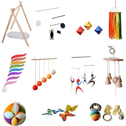 Montessori Baby Mobile Set with Wooden Play Gym – Munari, Octahedron, Gobbi, Dancer, Rainbow & Bell Mobile, Sensory Newborn Toy Set, Nursery Hanging Mobiles (0-6 Months)