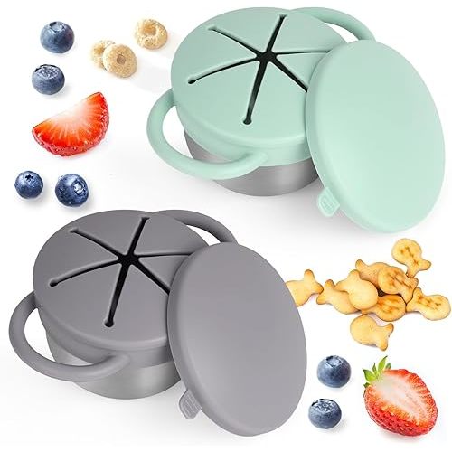 Daximo 2 Pack Snack Cups for Toddlers Spill Proof - Detachable Stainless Steel Toddler Snack Cups with Silicone Lids & Handles - Dishwasher Safe Snack Container (Matte Gray and Mint Green)