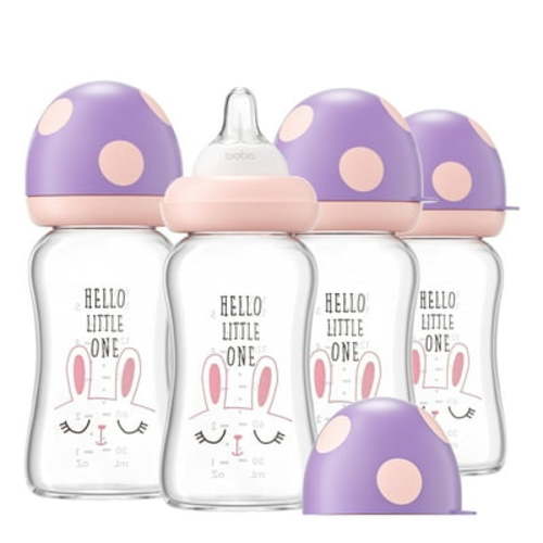 YOHKOH Natural Baby Bottles+Wide-Neck Level 1 Nipple,0m+(5.4oz (Pack of 4)Purple)