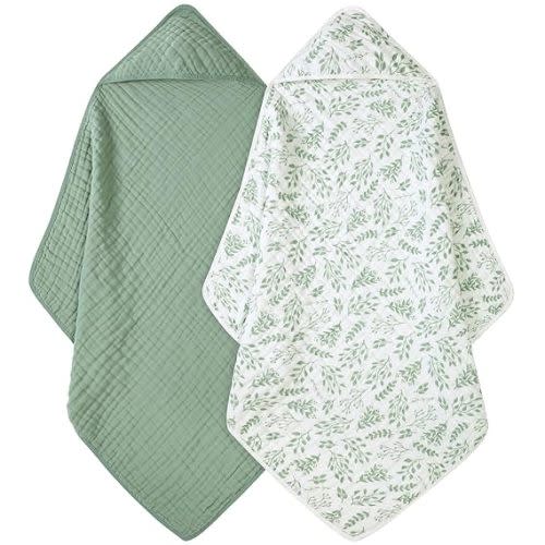 Baby Bath Towels, 100% Muslin Cotton Hooded Baby Towels for Newborn, 2 Pack Baby Towels with Hood for Infant Toddler and Kids, Large 32x32Inch, Soft and Absorbent - White Leaf & Green - 32*32 Inch (2 Pack)