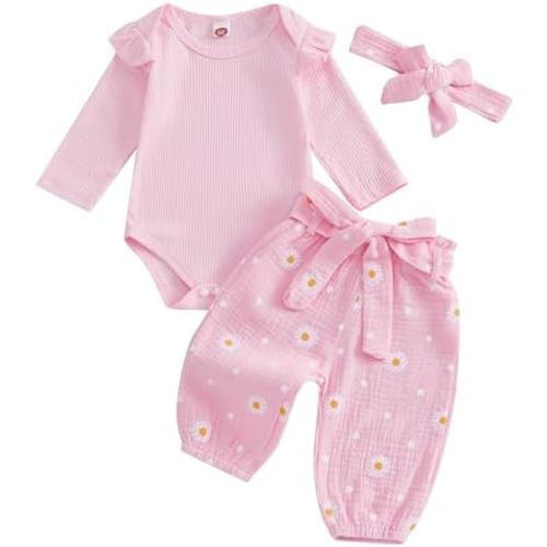 Kaipiclos Newborn Infant Girl Clothes 0 3 6 12 18 24 Months Rib Knit Romper Daisy Print Pants Headbands Baby Clothes Girls